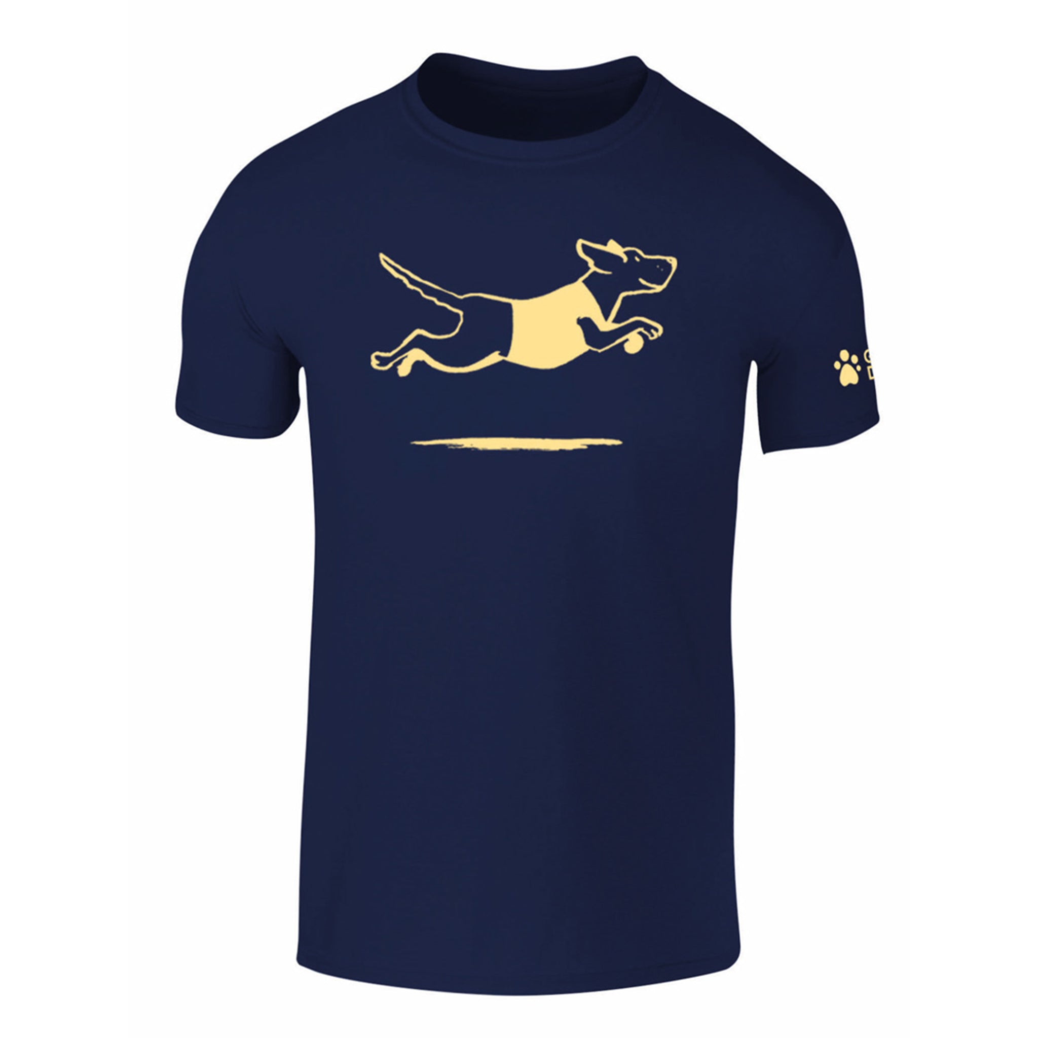A close up of the front of a navy blue women's t-shirt, there is leaping Labrador design printed on the front in yellow and the Guide Dogs logo is printed on the left sleeve.