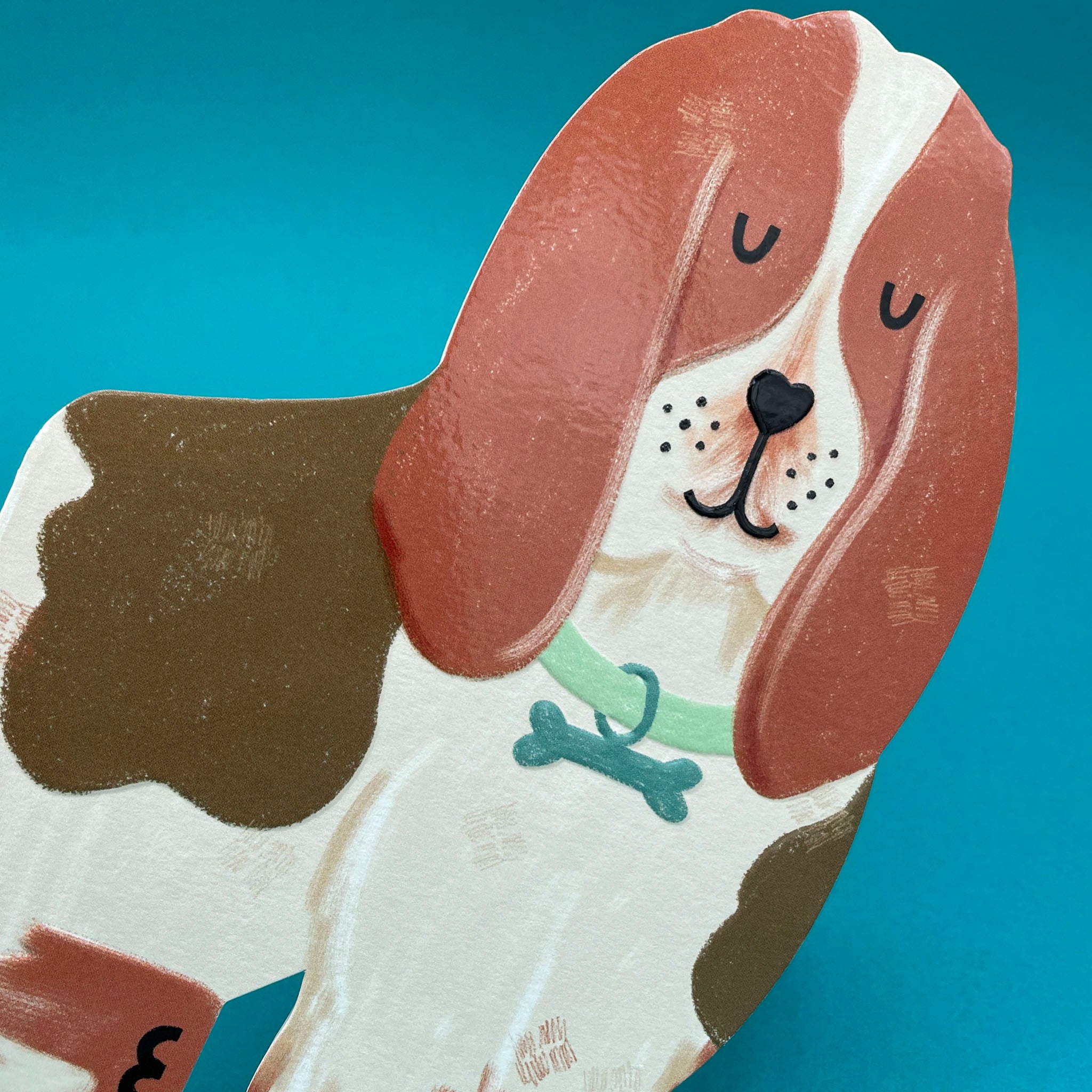 A close up of the Basett Hound cut out card. The dog has a blue collar with a bone shaped pendant. The card is above a mint coloured envelope.