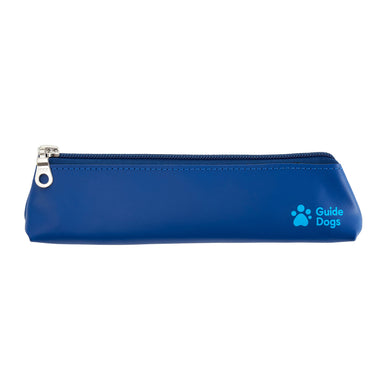 A close up of a blue leather pencil case with a silver zipper and the Guide Dogs logo in light blue is printed on the right hand side.