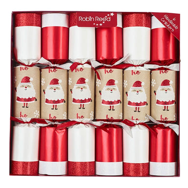 A close up of six Christmas crackers in their box. They are red and white with a cartoon Santa on. 