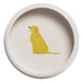 A white ceramic dog bowl decorated with an illustration of a Golden Retriever on the bottom of the bowl.