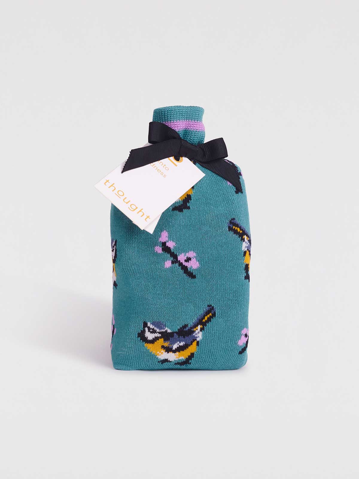 A small knitted blue bag with blue tit and pink blossom design, tied with a ribbon