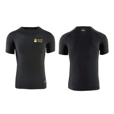 The front and back shot of a short sleeve black base later. The Guide Dogs logo is on the front in yellow.