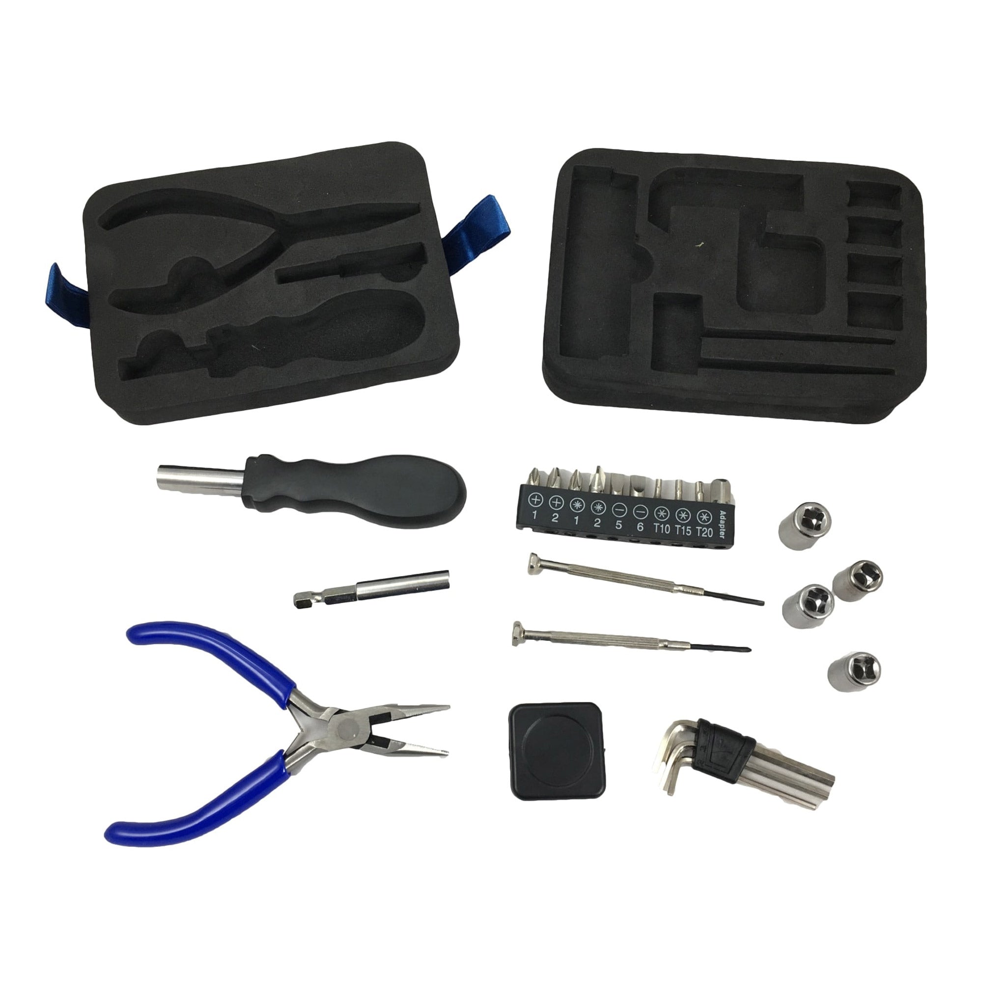 The contents of the tool set are displayed on a white background. An interchangeable screwdriver with extension, two jewellers screwdrivers, a tape measure, Allen keys and a pair of pliers.