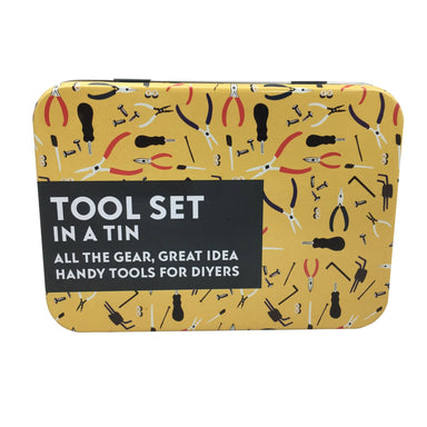 A close up of the tool set in a tin. A yellow tin is decorated with different tools including allen keys, screwdriver handle, nails and screws.