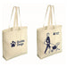 An image displaying the design of the Guide Dogs Tote Bag. On one side, the Guide Dogs logo, the other an illustration of a woman walking a Guide Dog. Both drawings are in navy blue.
