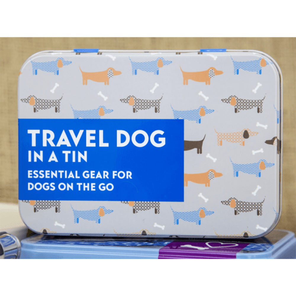 A gift tin featuring a dog repeat pattern.