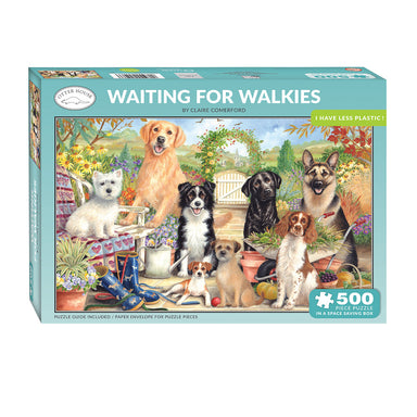 The Waiting for Walkies jigsaw box, showing a scene with a range of dogs in a garden setting.