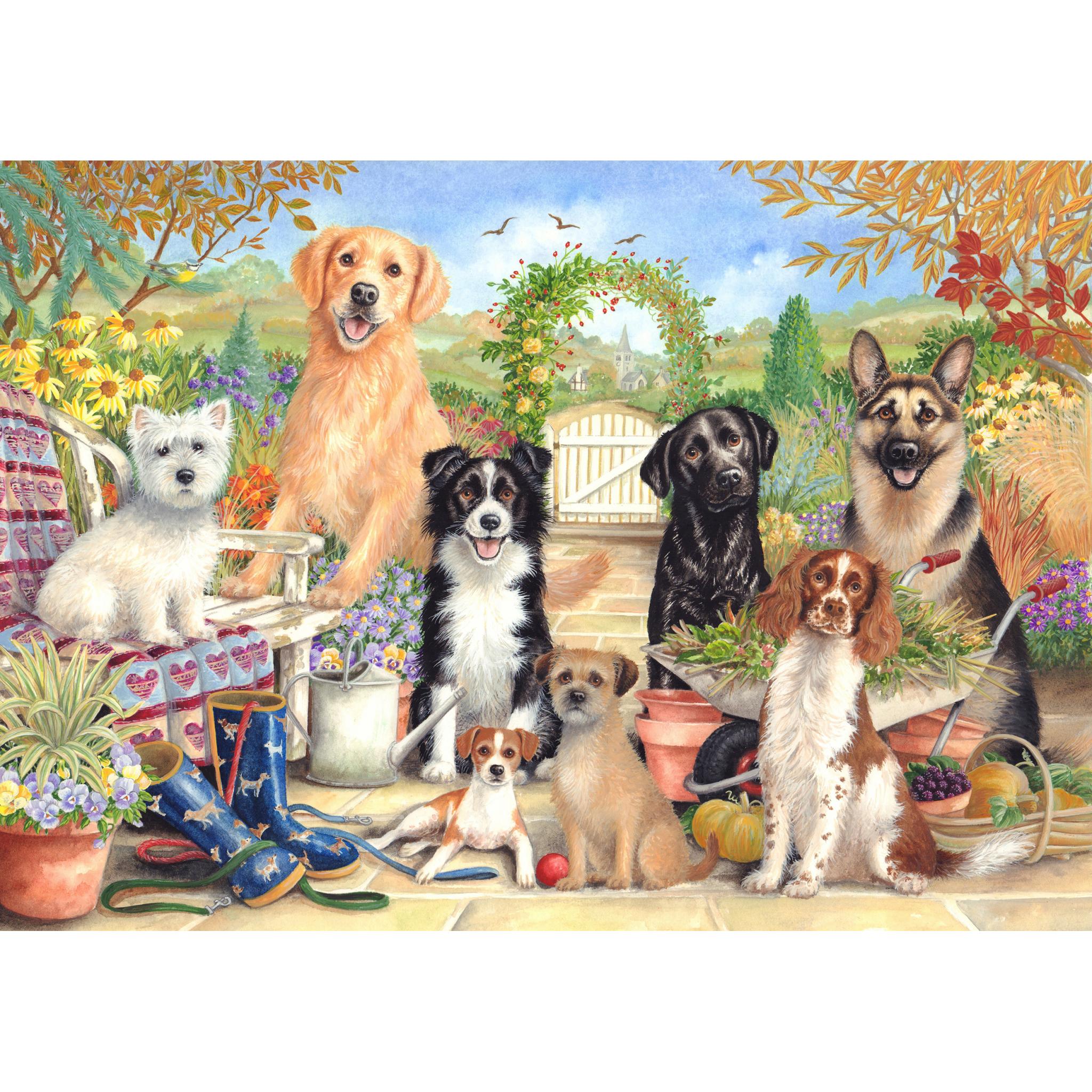 An illustration of seven dogs sitting in a garden looking forwards. A Scottie is sitting on a blanket on a bench, and there are lots of plants and trees in the background.