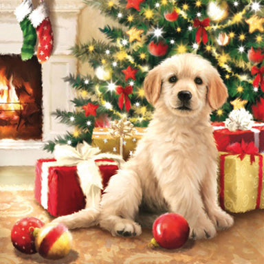 An illustration of a Yellow Labrador puppy sat surrounded by presents wrapped in red and gold, in front of a christmas tree with red and gold decorations. A fire is burning in the background, with a green and a red stocking hanging from the fireplace.