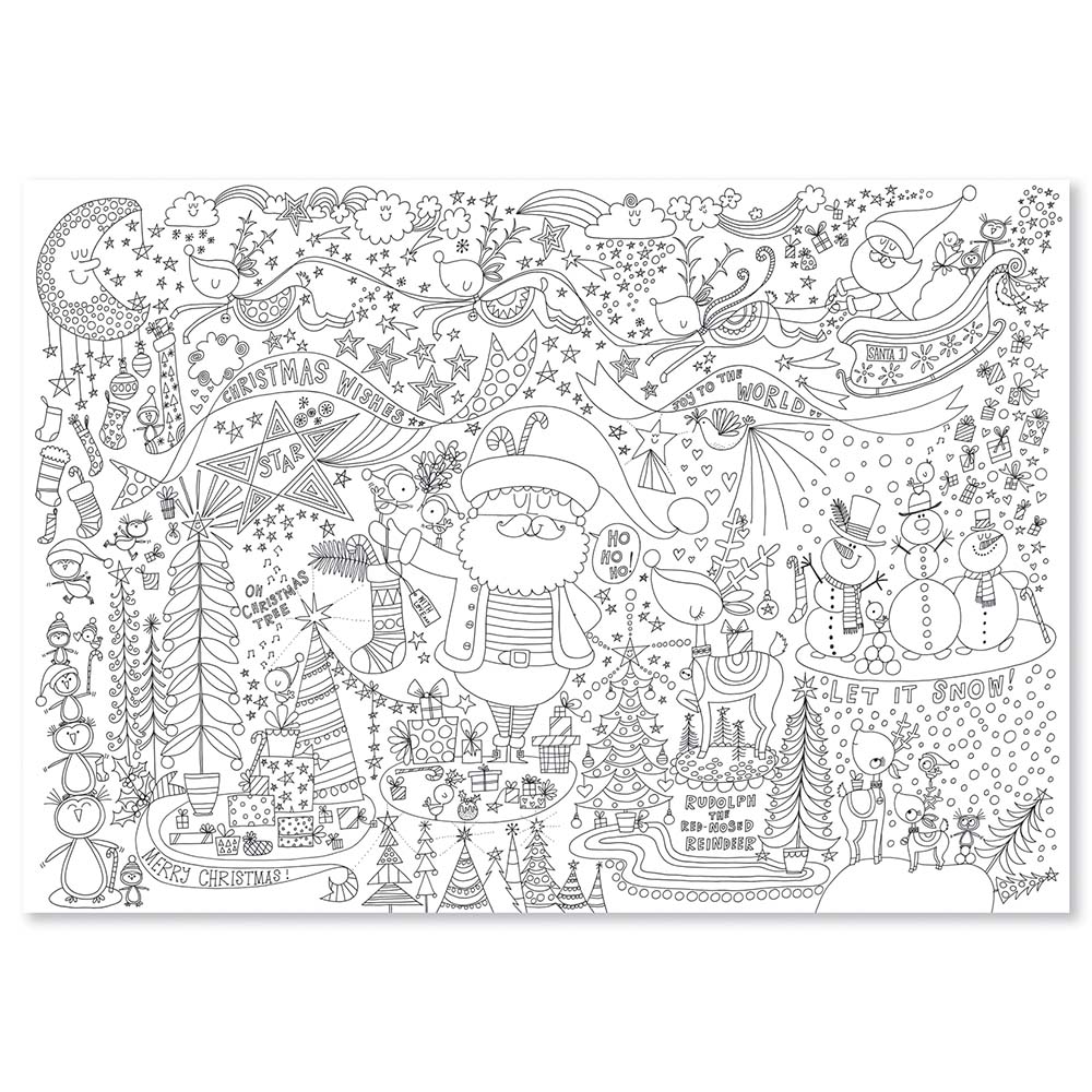 Black and white colour-in design of Santa Claus and Christmas characters