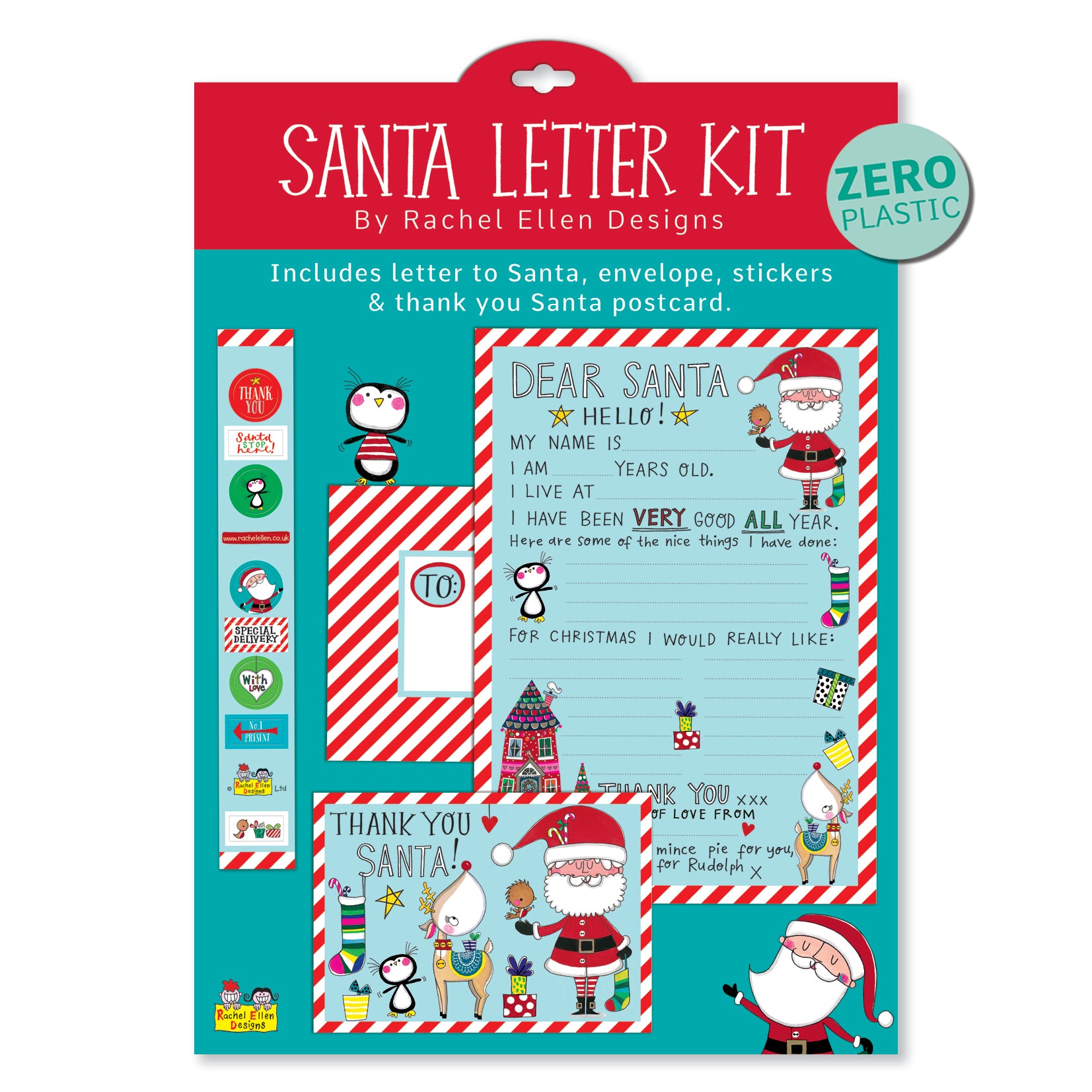 Santa Letter kit with red header and 'zero plastic' flash showing contents of letter, envelope, postcard and stickers, all in a children's design