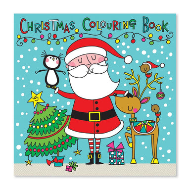 A cartoon Father Christmas with penguin on one arm and patting a reindeer on the cover of the colouring book