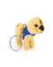 A crocheted yellow labrador wearing a blue dog coat on a metal keyring.