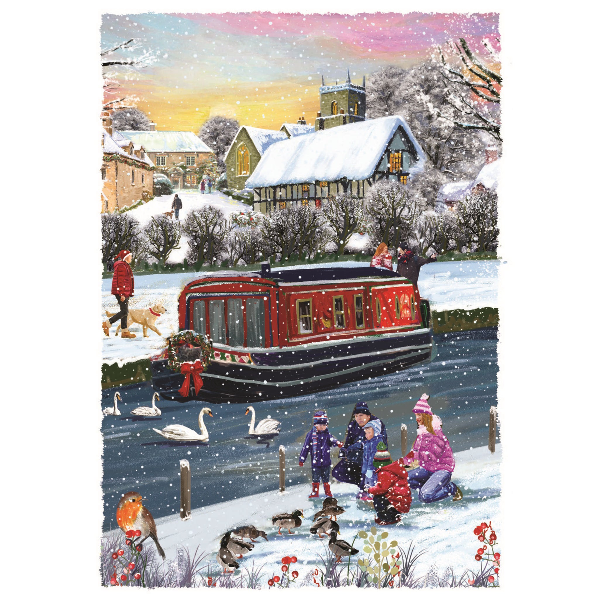 Snowy scene showing a red canal boat with a robin in the foreground, a family feeding the ducks, swans on the canal and a Yellow Labrador being walked on along the canal. In the background shows buildings with lights on and snow on their roofs. 