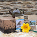 Contents of the For the Love of Gardens Gift pack are out of their box in front of a stone wall. The Robin teapot nester is on top of the giftbox, with the wildlife book, the bird seed, and the petal feeder arranged in front.